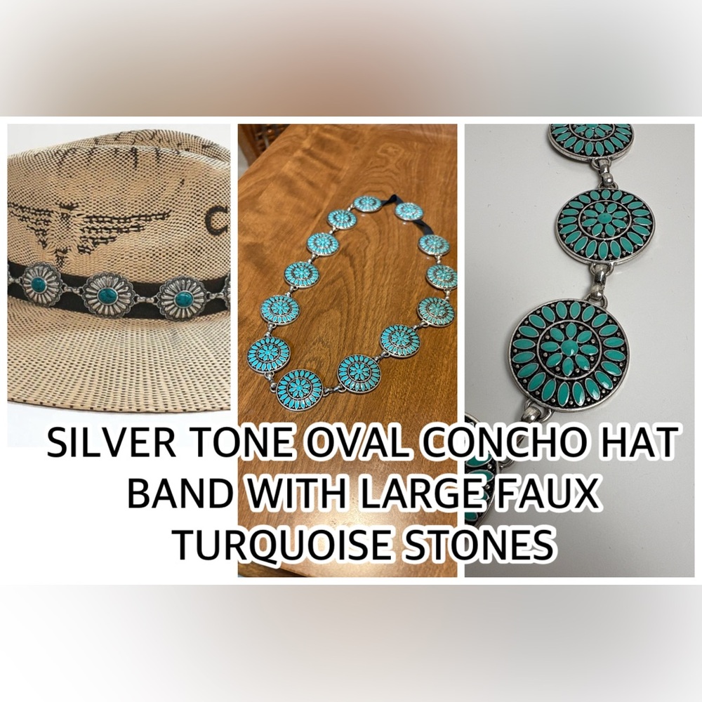 SILVER TONE CONCHO HAT BAND WITH LARGE FAUX TURQUOISE STONES